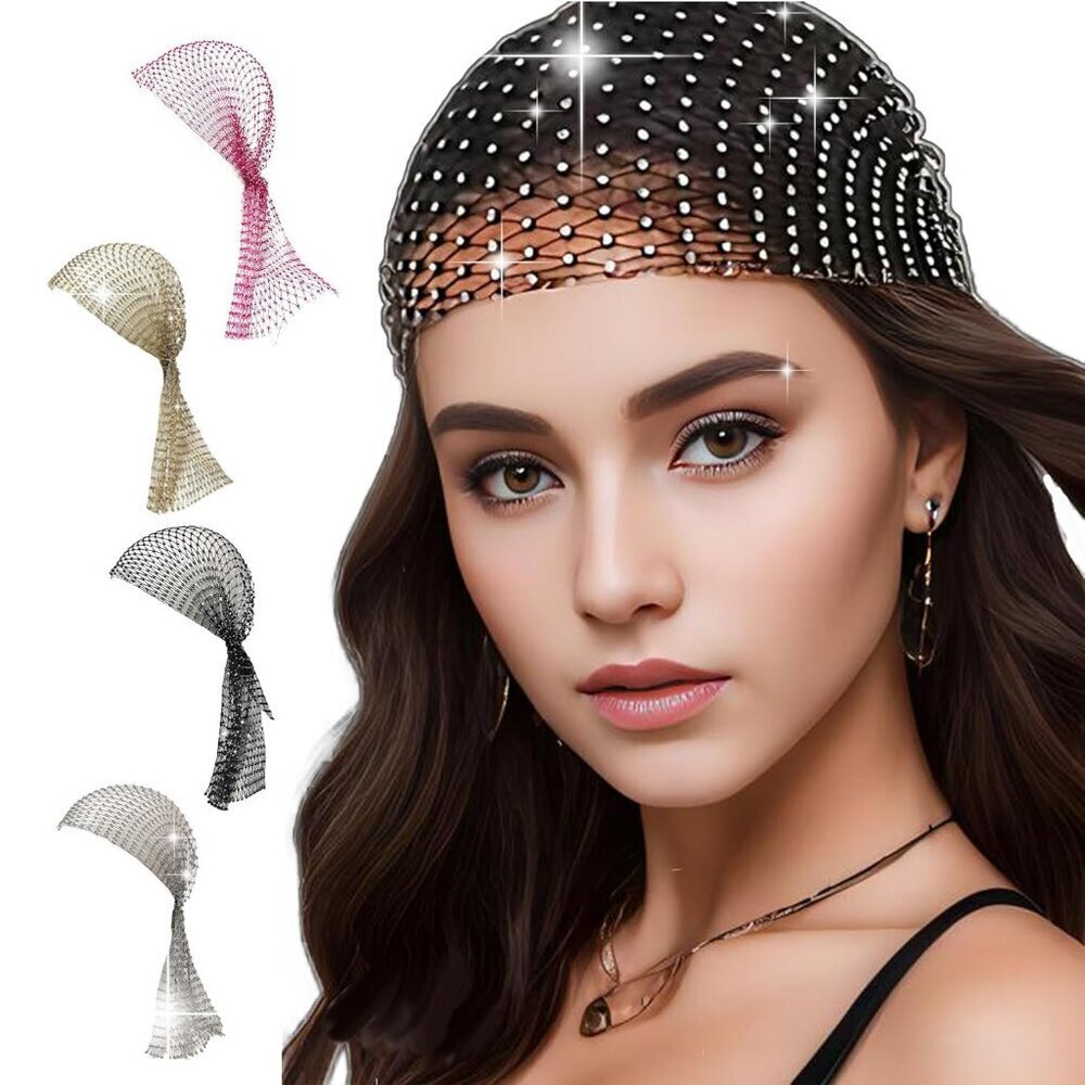Rhinestone Head Scarf Women's Bling Hat Sparkle Mesh Hair Turban Accessories